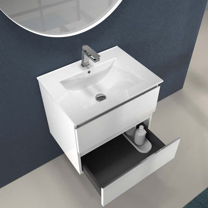Lavabo de encastre modelo Bogotá con grifo moderno y mueble blanco, ideal para baños elegantes y funcionales.