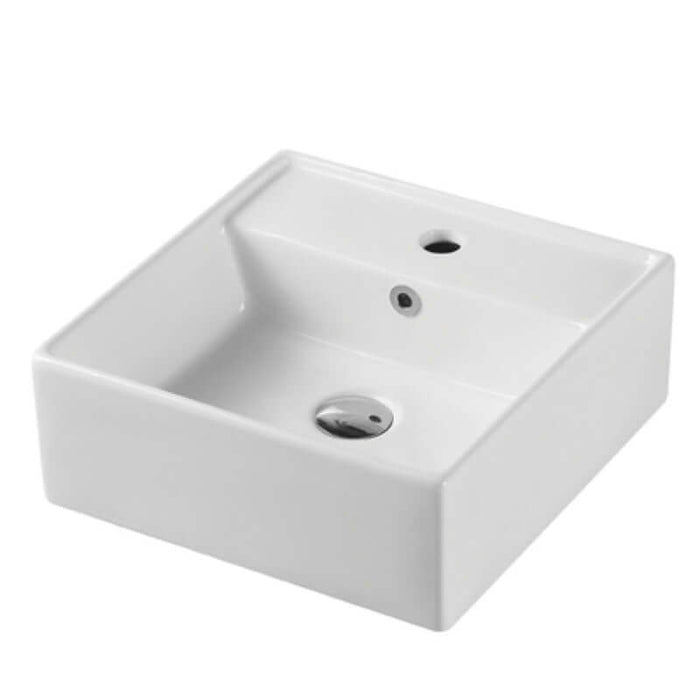 Lavabo sobre encimera modelo Daca en cerámica blanca, diseño cuadrado, 41x41x15 cm, ideal para baños modernos y pequeños.