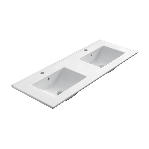 Lavabo encastrar doble seno modelo Bogotá, porcelana vitrificada, diseño minimalista y acabado blanco brillo.