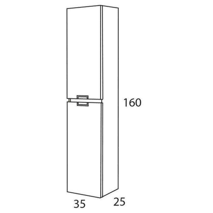 Esquema de columna de baño modelo vintage, diseño suspendido con dos compartimentos y medidas en cm.