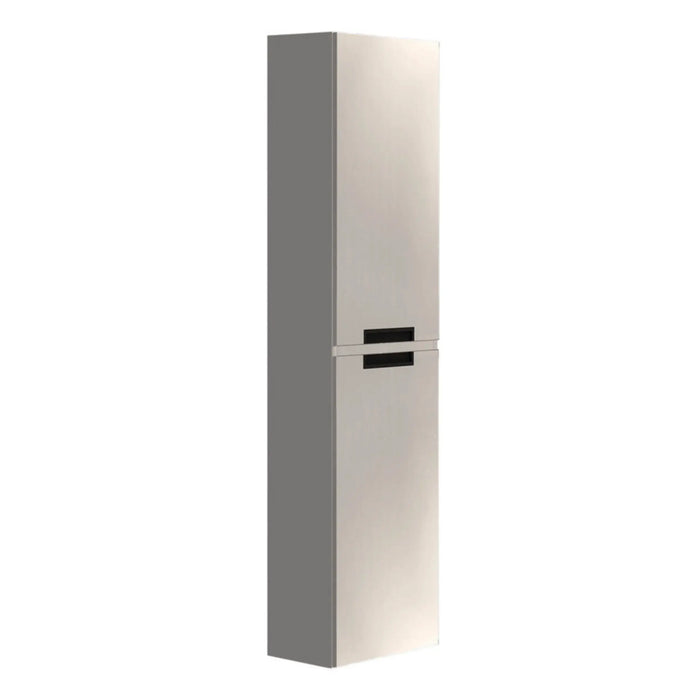 Columna de baño modelo vintage, mueble auxiliar suspendido en blanco con puertas y tiradores negros.