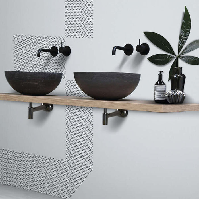 Modern bathroom with Atlaris shelves, featuring two bowls and stylish decor, highlighting elegant design and functionality.