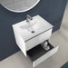 Lavabo de encastre modelo Bogotá con grifo moderno y mueble blanco, ideal para baños elegantes y funcionales.