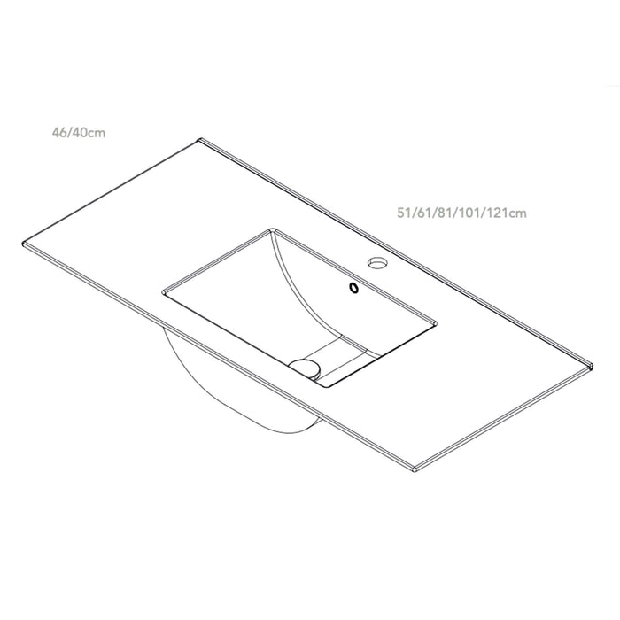 Dibujo técnico del lavabo de encastrar modelo Bogotá con medidas y diseño elegante en porcelana negra mate.