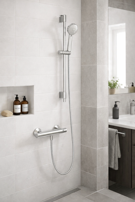 COLUMNA DUCHA TERMOSTATICA BARRA DESLIZANTE REDONDA INOX. SOPORTE DE ABS Y TELEDUCHA. CROMO