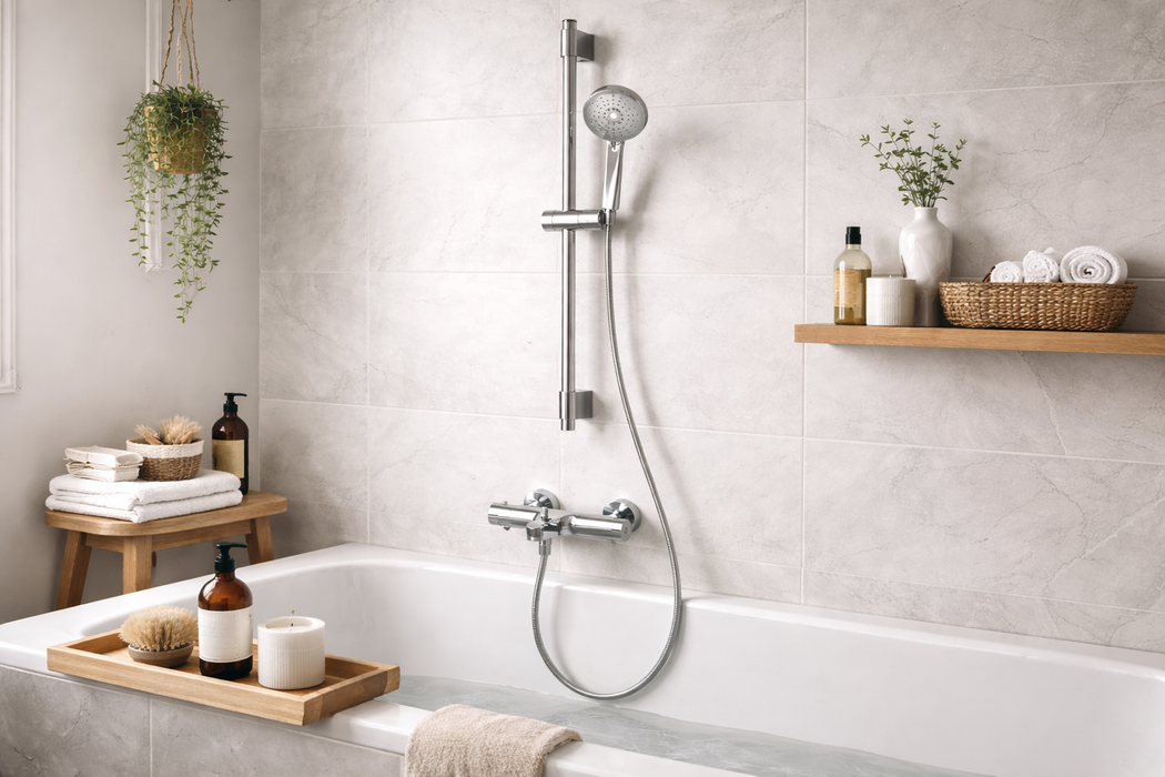 COLUMNA  BAÑO DUCHA TERMOSTATICA BARRA DESLIZANTE REDONDA INOX. SOPORTE DE ABS Y TELEDUCHA. CROMO