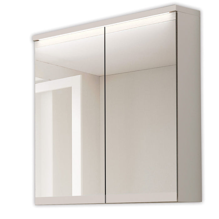 Camerino de baño modelo Paros, moderno y funcional con puertas de espejo y luz integrada, ideal para organización.