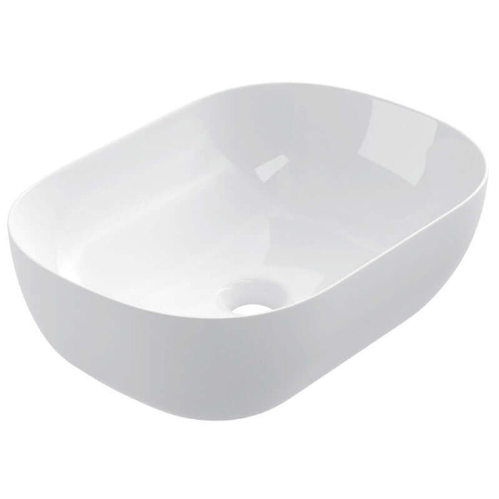 Lavabo sobre encimera modelo Leven en cerámica blanca con diseño elegante y bordes curvados, dimensiones 455x325x135 mm.