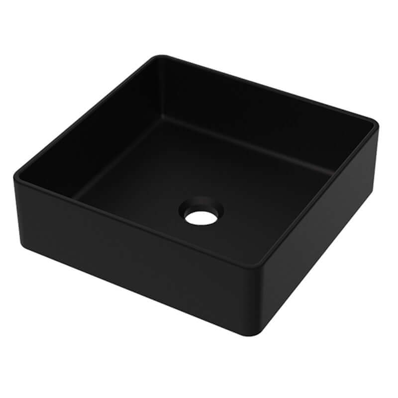 Lavabo cuadrado negro de cerámica, moderno y elegante, ideal para baños contemporáneos.