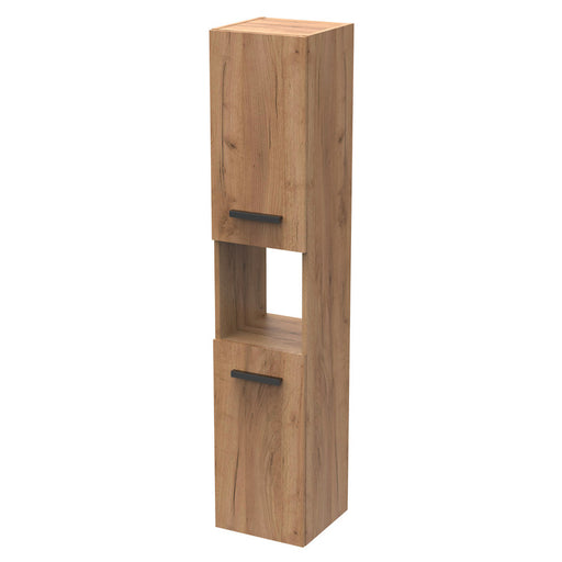 Armario columna de baño modelo Casto, de madera clara, con 2 puertas y diseño suspendido para almacenamiento funcional.
