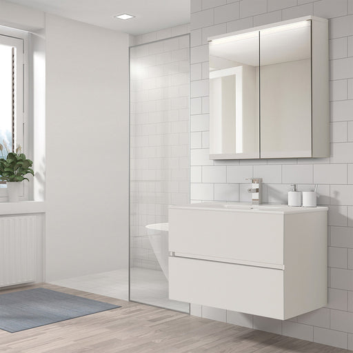 Camerino de baño modelo Paros con diseño minimalista y amplio almacenamiento en ambiente moderno.