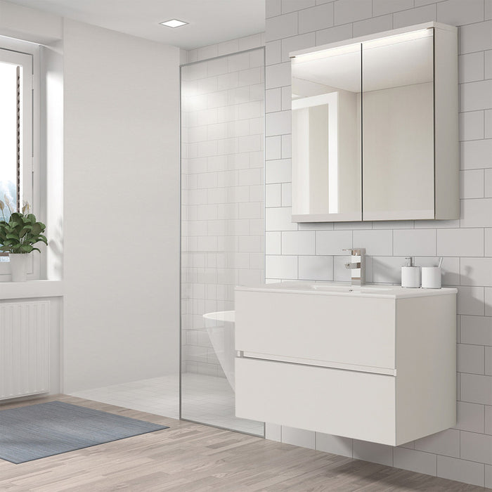 Camerino de baño modelo Paros con diseño minimalista y amplio almacenamiento en ambiente moderno.