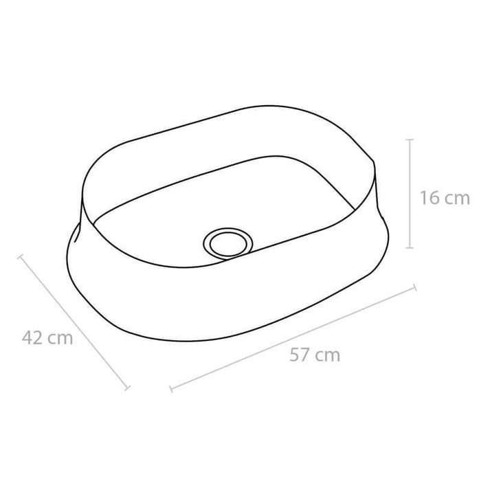 Dibujo técnico del lavabo sobre encimera Modelo Basel con medidas de 57 cm de ancho, 42 cm de profundidad y 16 cm de altura.