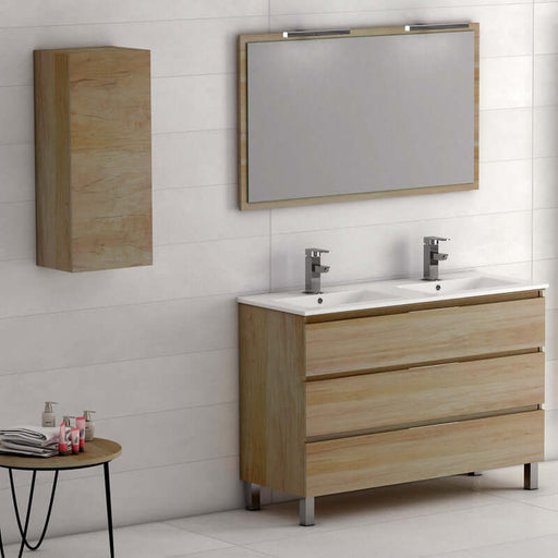 Moderno armario de baño colgante modelo NEO con lavabo doble y espejo, diseño elegante y funcional.